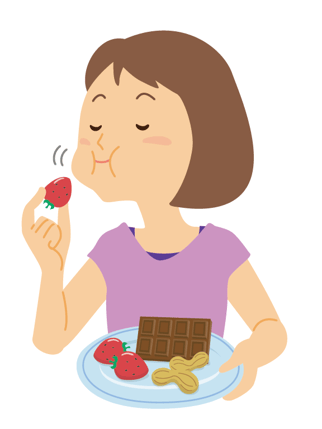 女性がリグニンを多く含むチョコレート・いちご・ピーナッツを食べる様子